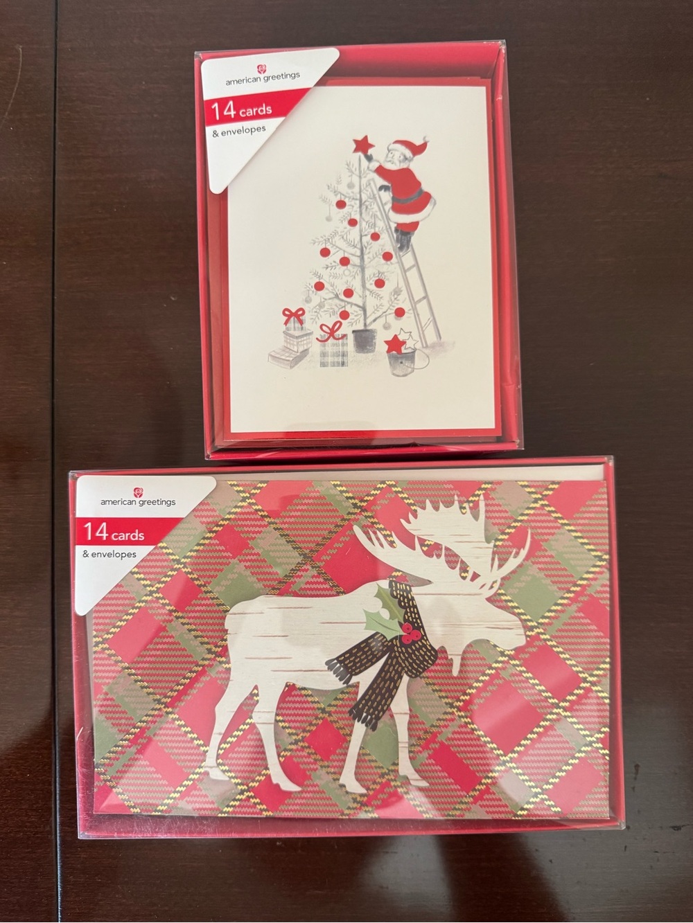 American Greetings Red and Cream Holiday Card Duo - Moose Plaid & Santa Tree
